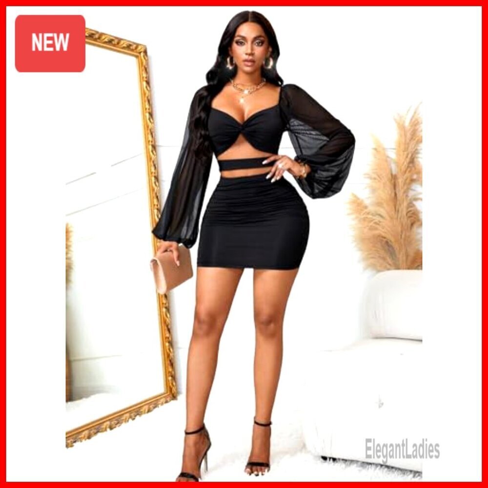 Mesh Bodycon Dress with Puff Sleeves, Cut Out Design, Ruched Mini for Party - Picture 3 of 7